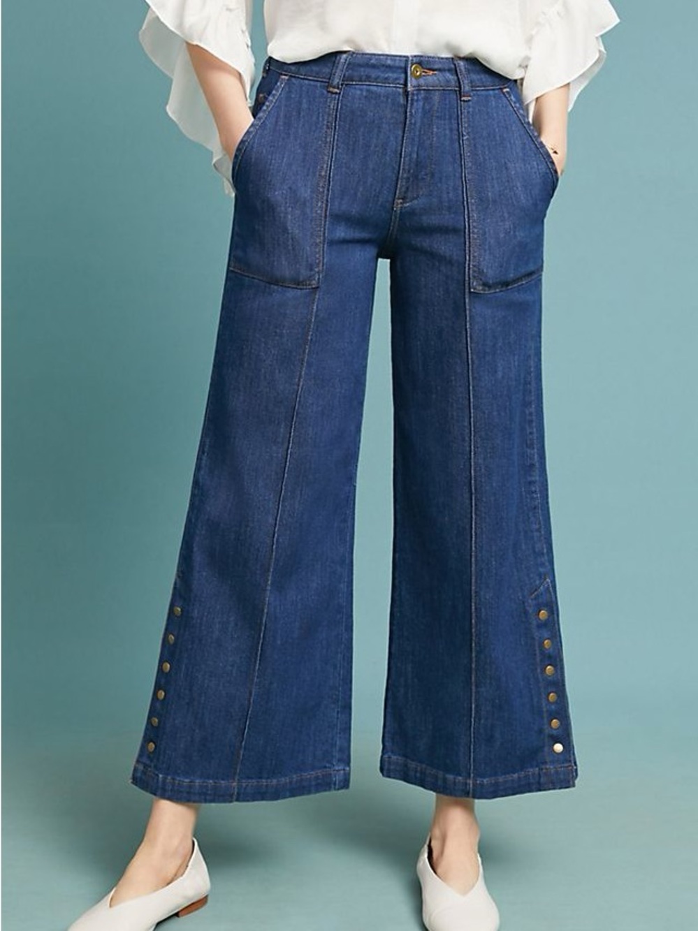 Pilcro and the Letterpress Blue Wide-Leg Flare Jeans side button Leg size 28